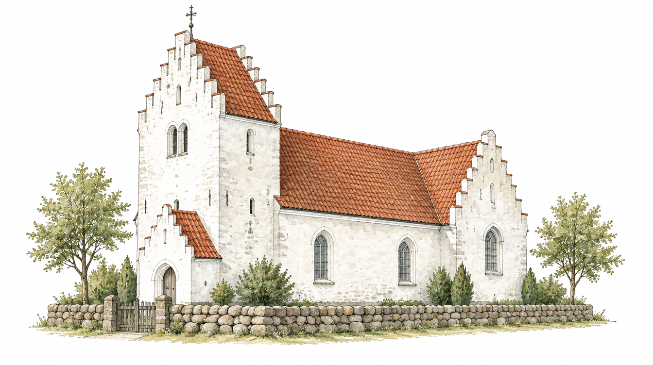 Håndtegnet dansk landsbykirke