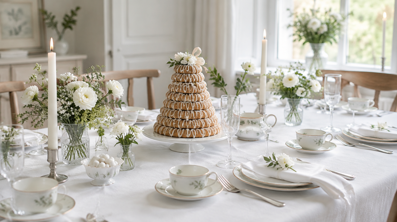Dåbsfrokost med hvide blomster, levende lys og kransekage