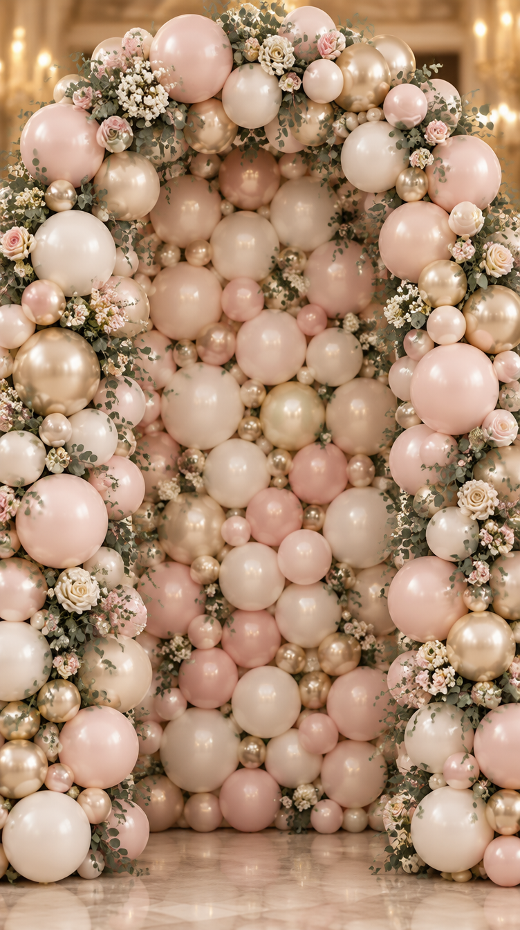 En lukket ballonbue i rosa, creme og guld
